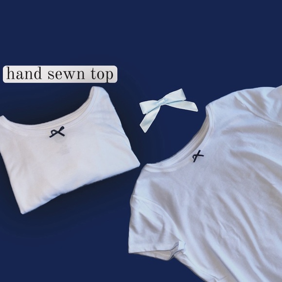 Hand sewn coquette top. WHITE BABY T, navy blue ribbon - Picture 1 of 1